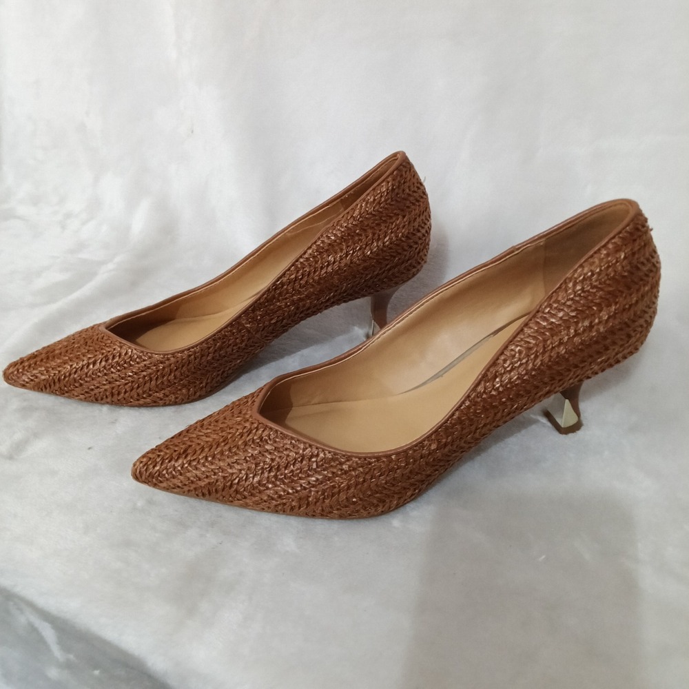 Nine West Womens Woven Raffia Kitten Heel Pointed Toe Pumps Brown 8 M NEW